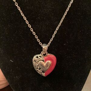 Silver filigree, red heart necklace 24 inch